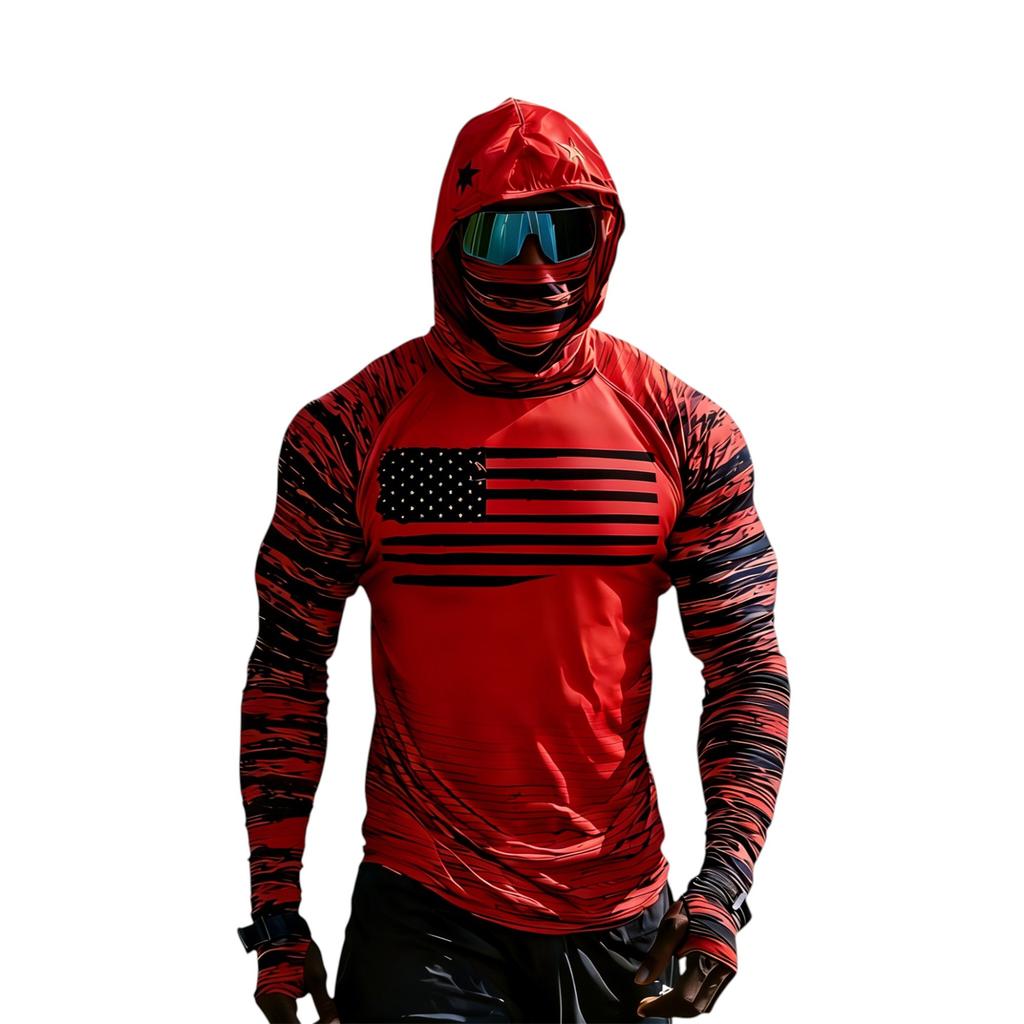 Long Sleeve Hooded Shirt with Face Covering and Flag Print Lightweight Pullover for Outdoor Sports and Activities