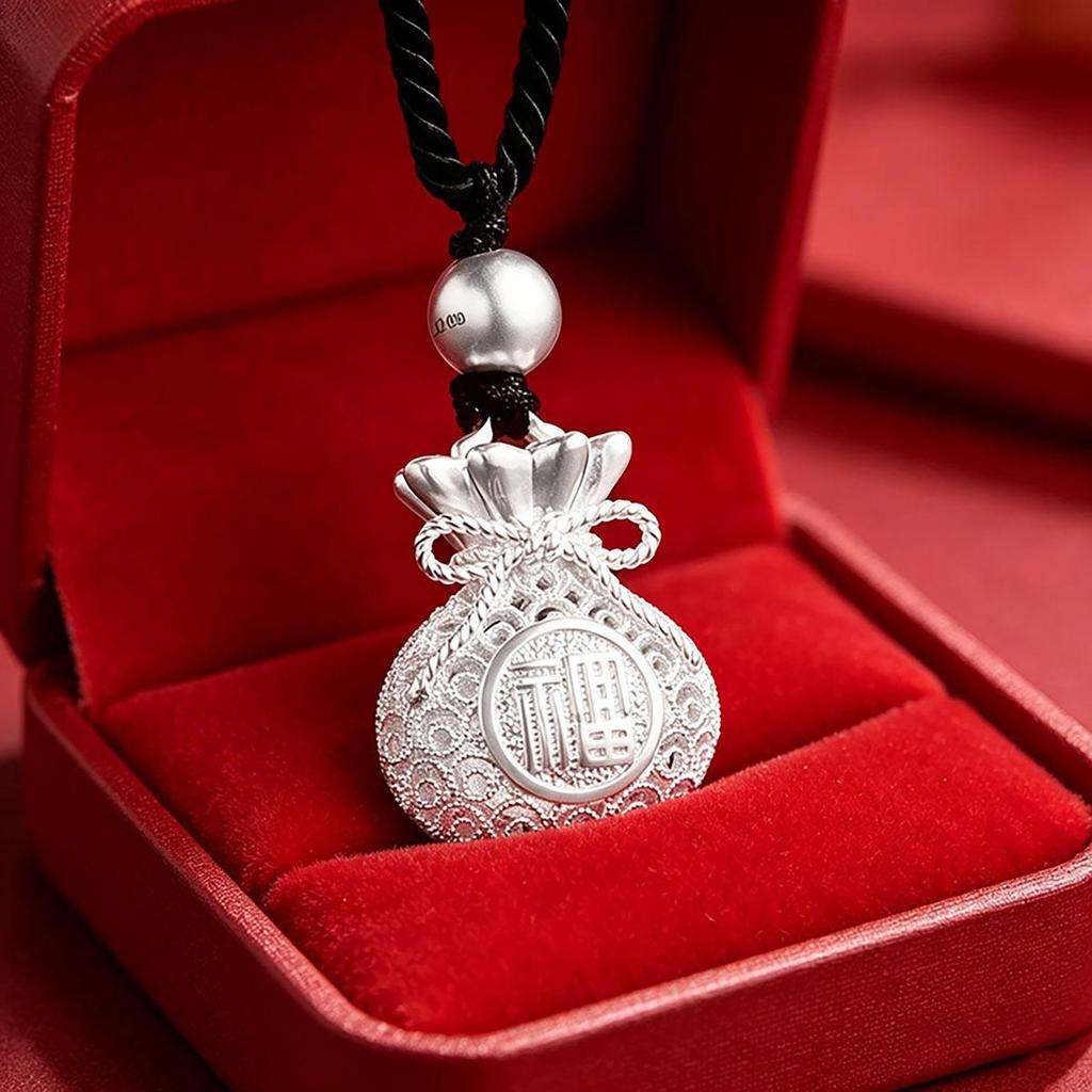 Silver Money Bag Necklace, Unisex, Design, Chinese-style, Vintage Pendant, Trendy, Chinese Style, Fortune Bag, Couple Pendant