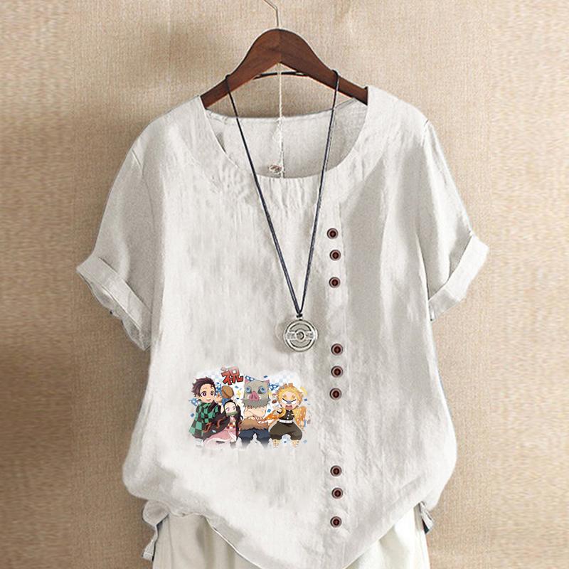 Women's Fashion Round Neck Short Sleeve T-shirt Casual Cotton Linen Graphic Shirt Leisure Loose Cartoon Characters Prined Summer Blouse Tops