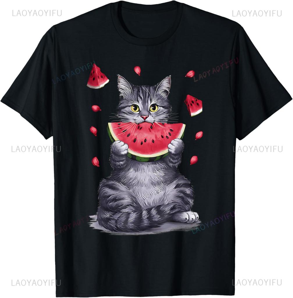 Cute Funny Cat On Watermelon Meme T Shirt Men Women ONeck Fashion Short Sleeve Tshirts Retro Harajuku Oversized Tshirt