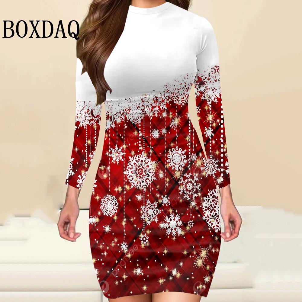 Christmas Party Women Dress Fashion Christmas Printed Autumn Winter Long Sleeve Elegant Women's Bodycon Mini Dress