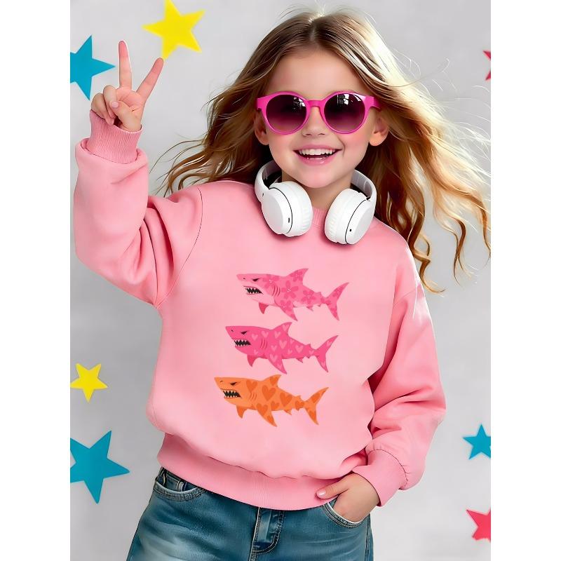 Kids Unisex Crewneck Sweatshirt, Cute Pink Orange Heart Floral Shark Cartoon Print Soft Fleece Pullover For Kids Over 4 Years Old