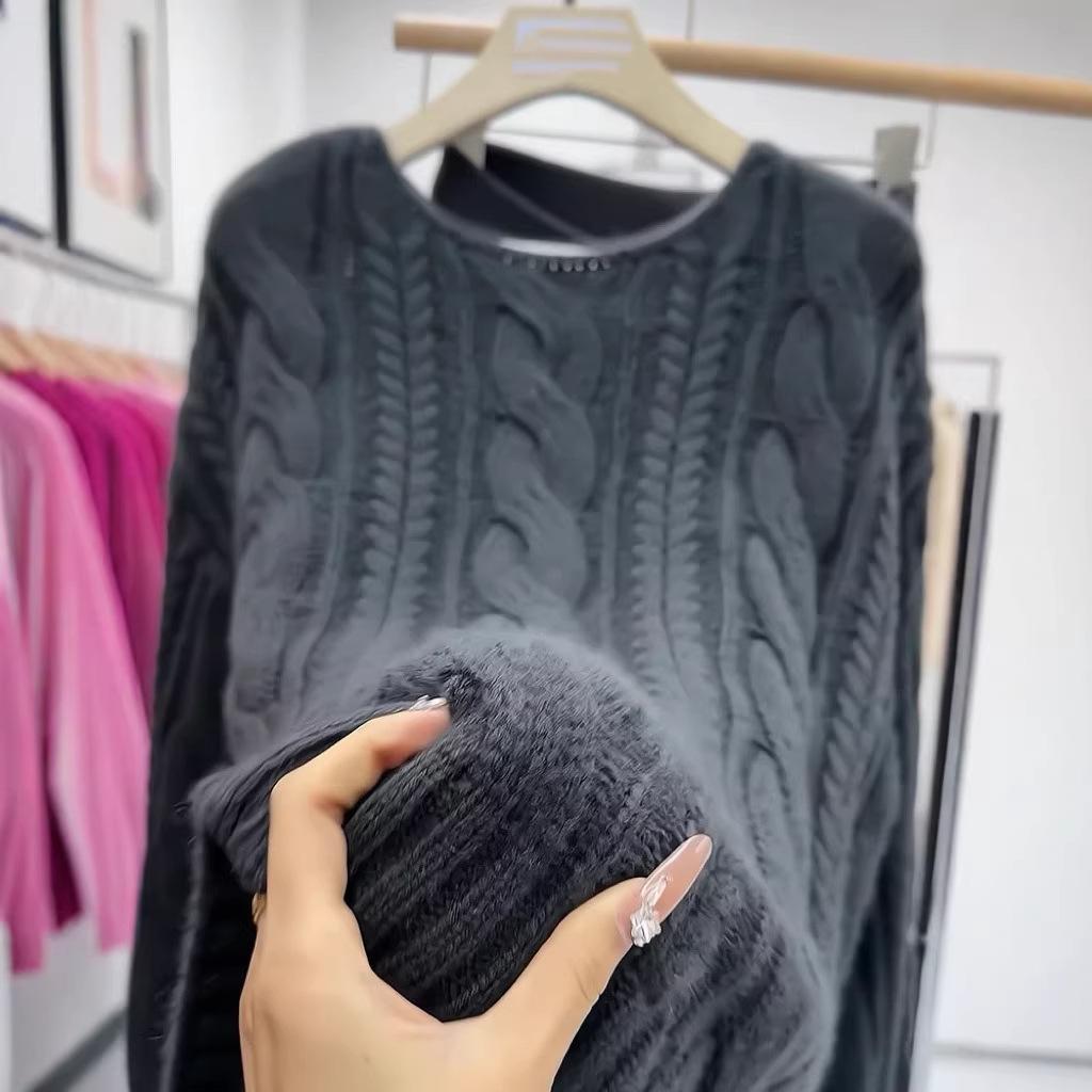 2026 Spring/Summer Korean Style Cable Knit Pullover - Pure Color Round Neck, Long Sleeve Sweater