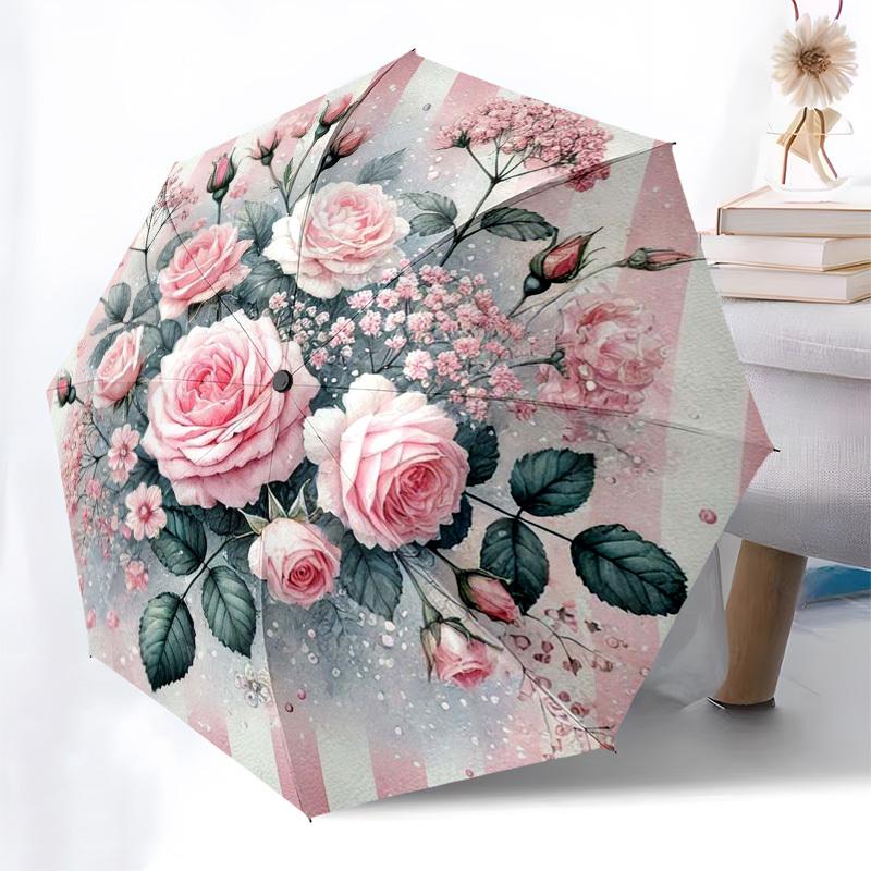 1 Stück Rosa Rosenstrauß mit gestreiftem Hintergrund Schirm mit Kunststoffgriff, Geeignet für alle Jahreszeiten Zuhause Reisen Outdoor Schirmptys31007