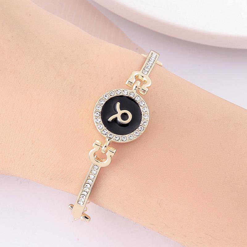 12 Zodiac Signs Bracelet for Women, Rose Gold Plated Inlaid Diamond Constellation Bangle, Fashion Couple Jewelry Gift