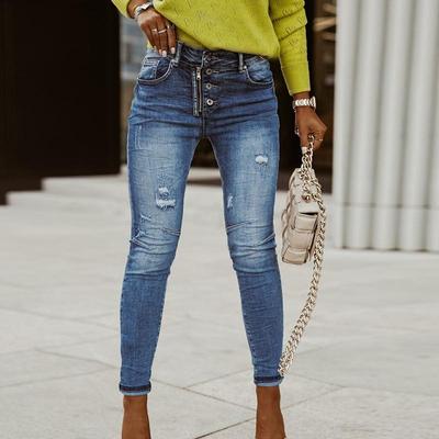 Women Trousers Pockets Buttons Female Pants Black Jeans Pants