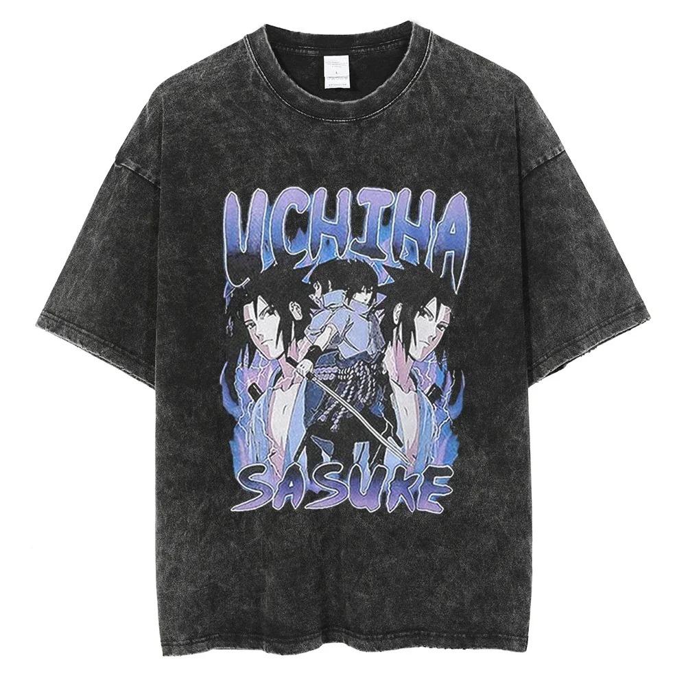Men Short Sleeve T Shirt Naruto Anime Print Vintage T-Shirt Cotton Black Washed Oversized Tops Tees Fashion Harajuku Streetwear Clothing