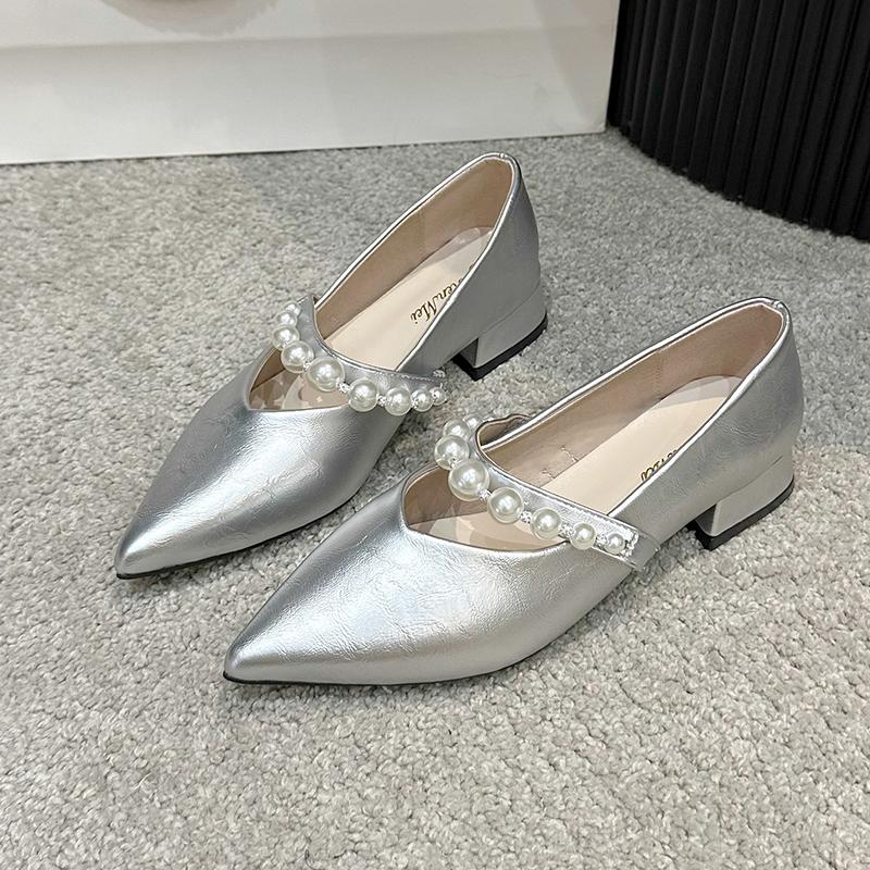 Fashion Spring new coarse heel shoes women's fashion pointed head shallow mouth beaded waterproof non-slip low-top shoes