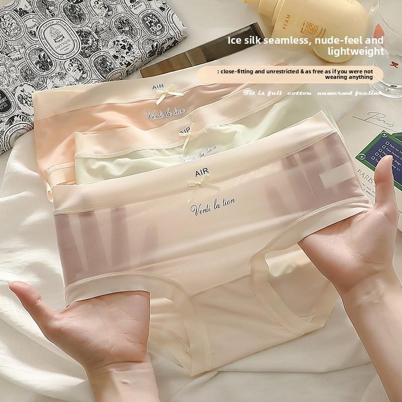 Damen Sommer Ultra Dünn Eis Seide Kühlendes Gefühl Spurlos Reine Baumwolle Schritt Atmungsaktiver Bund Dreieck Slip