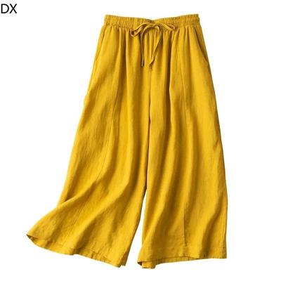 Filz Baumwolle und Leinen Sieben-Punkt-Hose mit weitem Bein für Damen mit hoher Taille, lockerer Sommer, dünn, schlank, Joker, große Größe, lässige gerade Hose