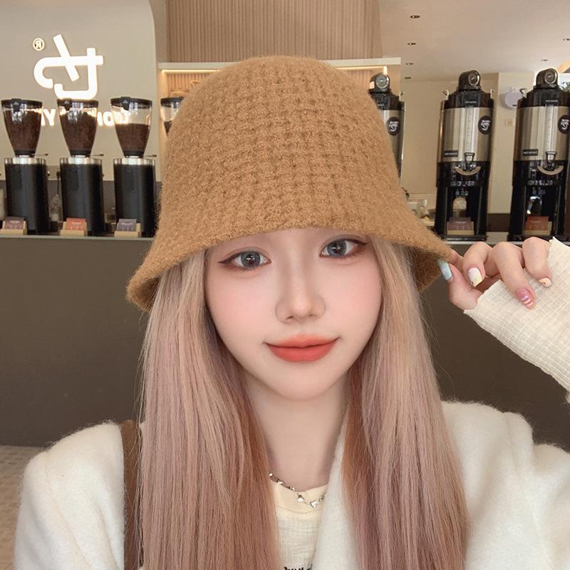 Wool Bucket Hat for Women Korean Style Retro Fashion Versatile Waffle Basin Hat Autumn and Winter Warm Knitted Bucket Hat