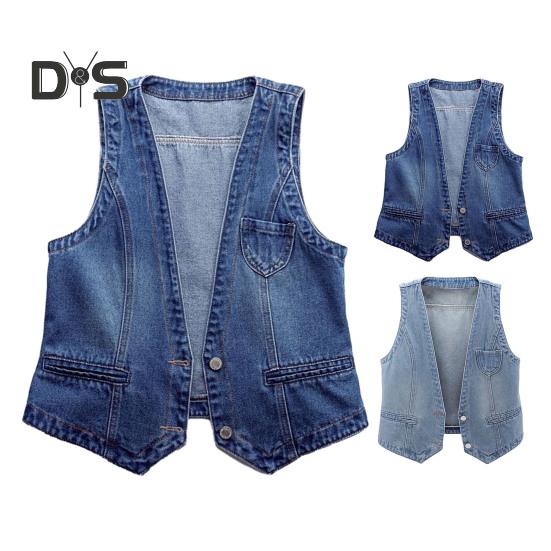 Dame dongerivest Ermeløs løs V-hals doble knapper Ensfarget vintage fast søm Hip Hop Streetwear Dame Høst Vårvest