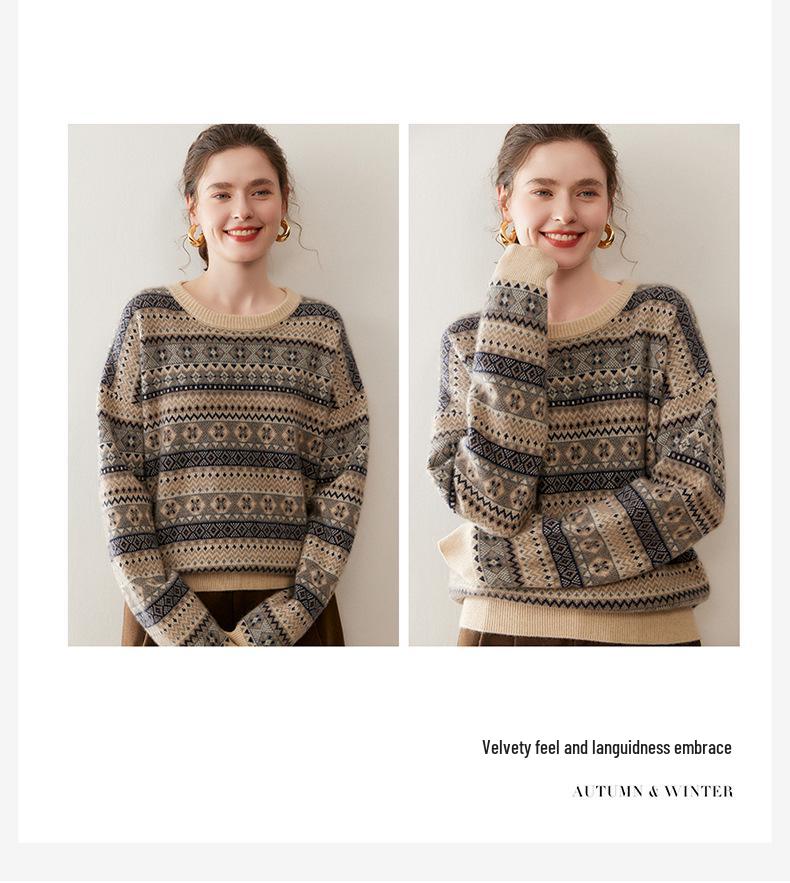 Women's Color Block Cashmere Knit Sweater - 2025 Winter Collection, Fair Isle Jacquard, Round Neck, Gentle Style.