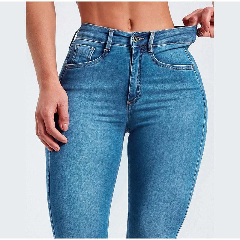 Dámské džíny Slim Fit Elastický pas Vysoký pas 2025 Jaro Léto Nový styl Plus Size Kalhoty s úzkou nohavicí Dlouhé džíny Ženský model