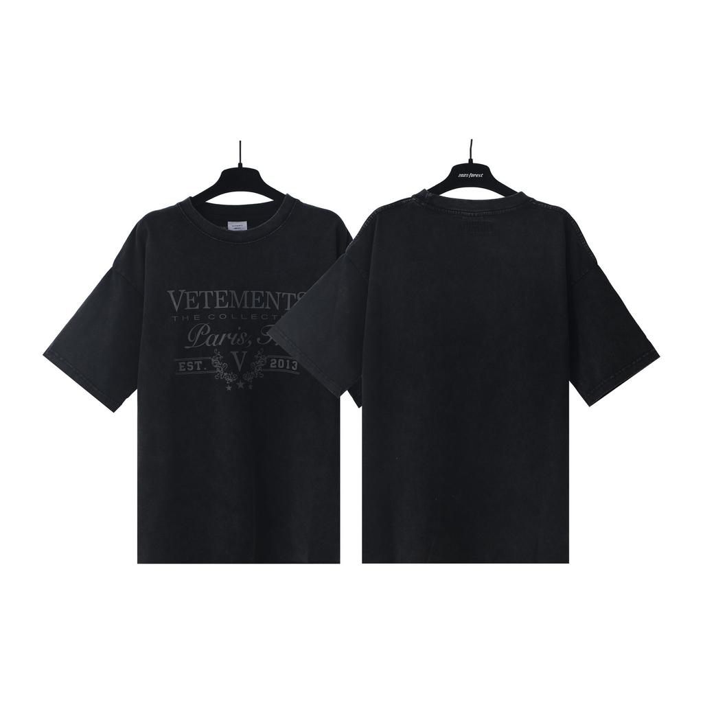 T-shirt in cotone puro a doppia filatura, lavata e invecchiata, con stampa di lettere Vetements, versione alta transfrontaliera, per uomo e donna