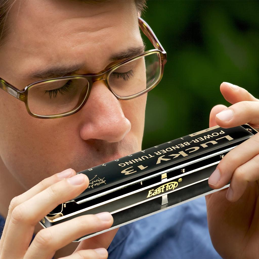 East Top Harmonica, 13-Hole Blues Harmonica in G, for Jazz Professionals, Adults, and Children, Study and Practice, Brass Cover, Canvas Case, Lucky13