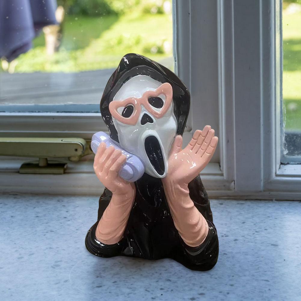 Halloween Screaming Ghost Face Statue Scary Girl Telephone Skull Face Resin Ornament Home Decoration Game Room Setting Supplies