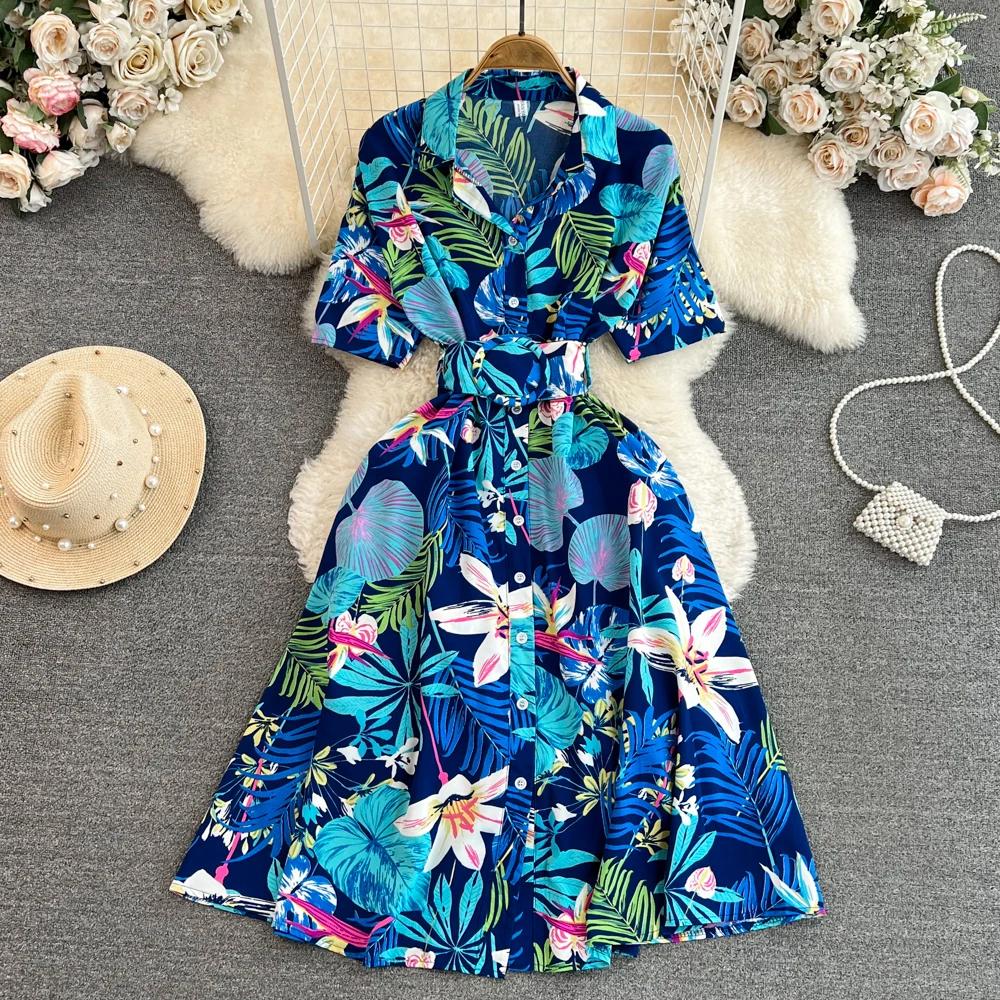 New Summer Women Dress Fashion Print Floral A-line Shirt Dress with Belt Elegant Vintage Off Lady Dress Casual Dresses