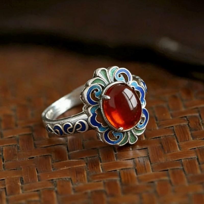 Adjustable Vintage Red Agate Enamel Ring Women Men Geometric Boho Statement Jewelry