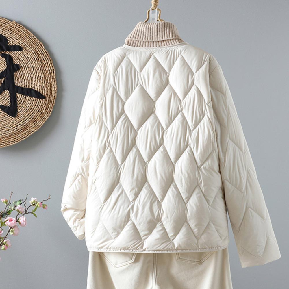 Women's Round Neck Long Sleeve Regular Fit Diamond Quilted Snap Button Short Down Jacket Casual Winter Outerwear Coat