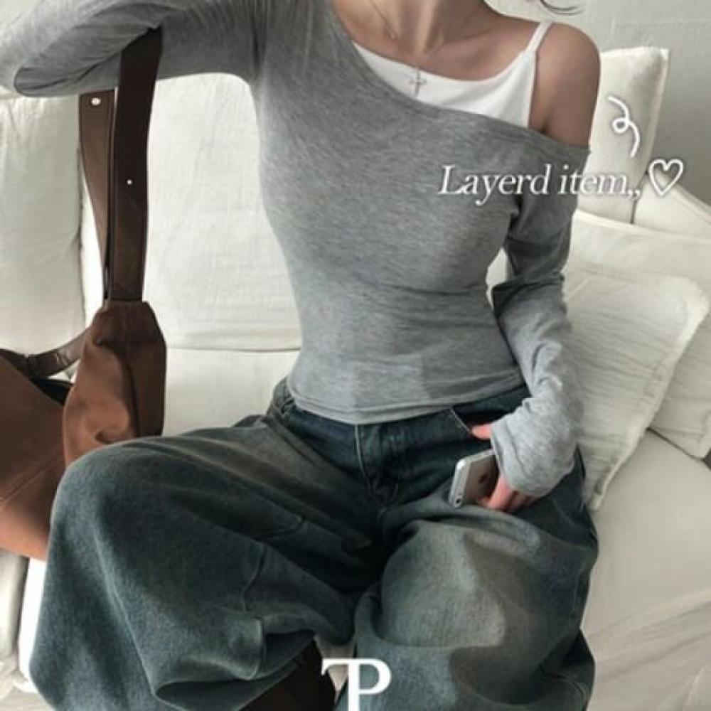 The Pink Women Off Shoulder Slim Fit Long Sleeve Tee Asymmetrical Color Block