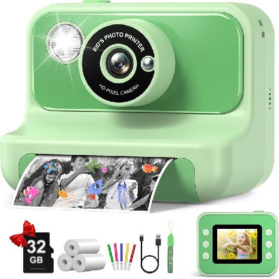 Kids Camera Instant Print, Christmas Birthday Gifts for Girls and Boys, 1080P HD Video Digital Kids Camera with 32G Card, Toddler Camera for 3-12