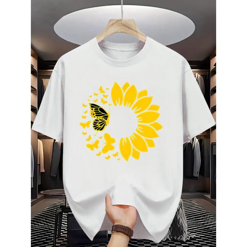 

European sizes Men S Summer Casual Crew Neck T-Shirt, Knit Fabric, Slight Stretch, Regular Fit, Sunflower & Butterfly Print 4XL білий