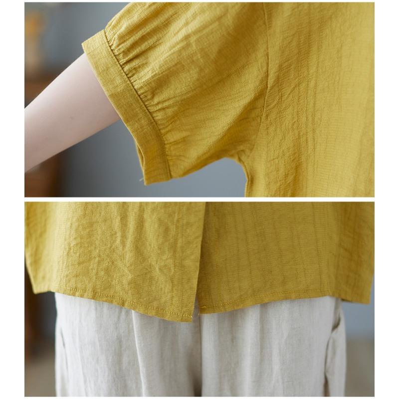 Sommar Dam Litterär Bomull Linneskjorta Plus Size Lös Enfärgad Kortärmad Toppar