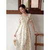 French Square Neck Bubble Sleeve Dress 2026 Summer New Style Waist Thin Jacquard Dress Mori