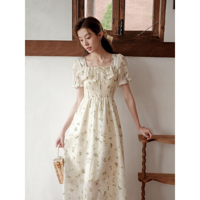French Square Neck Bubble Sleeve Dress 2026 Summer New Style Waist Thin Jacquard Dress Mori