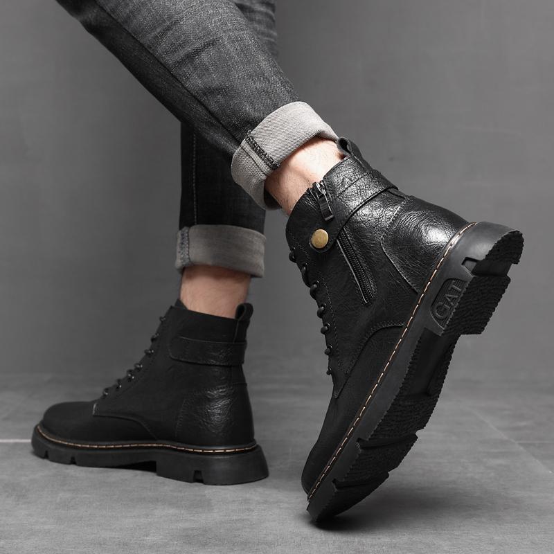 Fashion Side Zipper Men's Shoes Outdoor Male Motorcycle Boots All-match Fashion Mens High Top Sneakers Leather Fashion Basic Boots Men