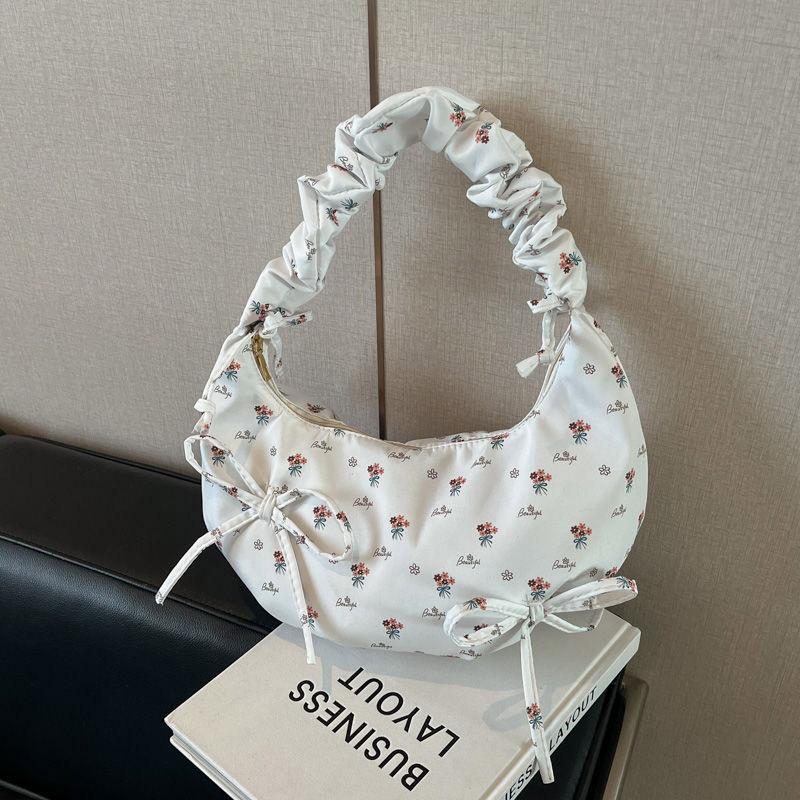 Ditsy Floral Bow Women Crossbody Shoulder Bag,Pleated Canvas Underarm Tote Bag,Petite Floral Print Sweet Handbag,Large Capacity