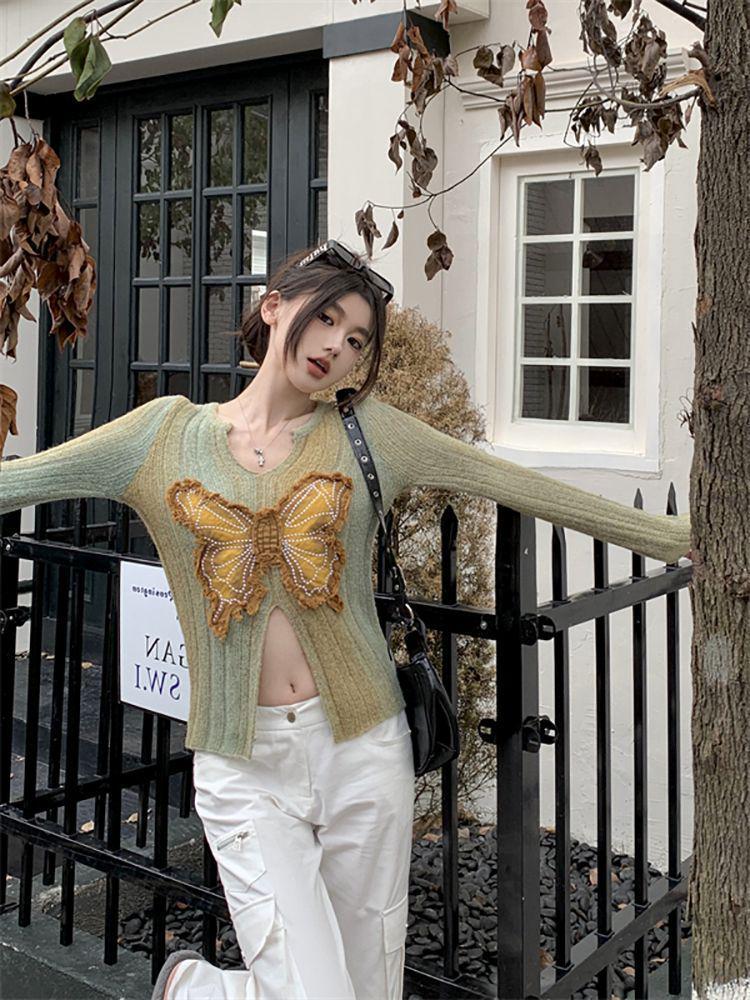 Butterfly Design Slim Fit Long Sleeve Knitted Sweater for Women - Autumn Collection