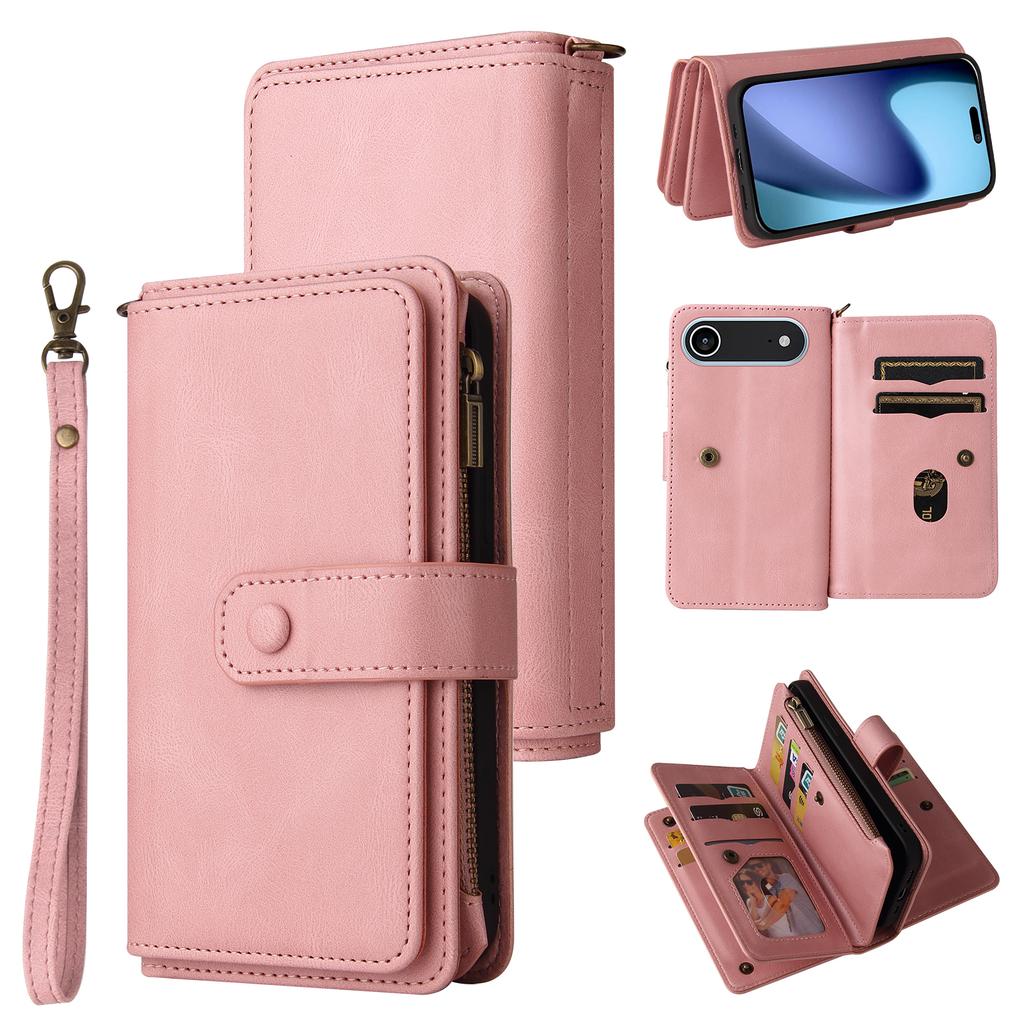 For iPhone 17 Air Zipper Wallet Case with 15 Card Slots and Strap Leather Phone Cover