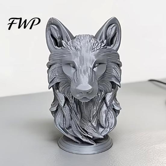 Wolfskopf Kunstwerk 3D Gedruckte Figur, Realistische Statue mit Runder Moderner Dekorationsbasis, Wildtier Skulptur für Zuhause Büro Bücherregal Langlebig