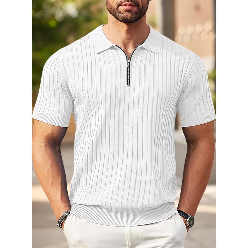 Men s Vertical-Striped Henley-Neck Half-Zip Polo Shirt: Breathable, Stretch, Casual, Short-Sleeved S белый