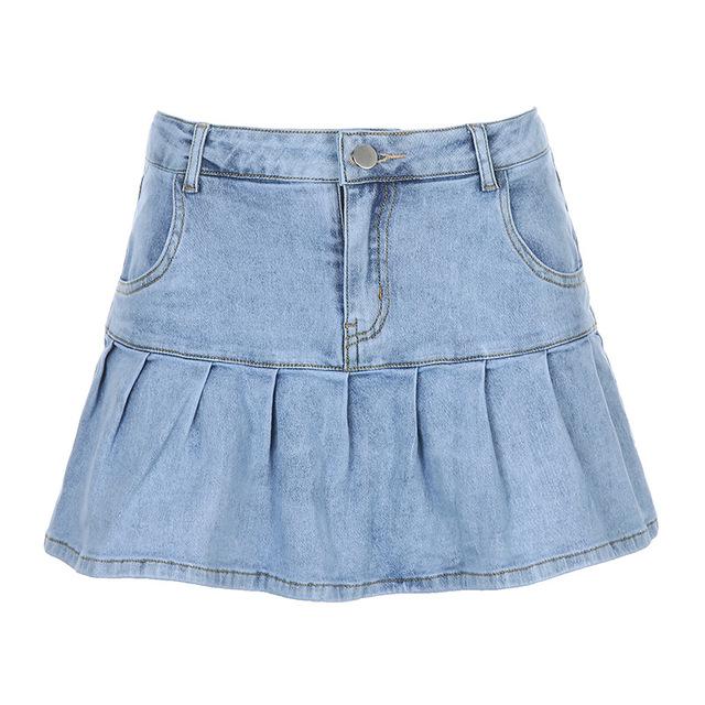 Summer Women y2k Denim Pleated Skirts Mini Solid Casual Woman Fashion Korean Style High Waist Skirt with Lined Hot Club Party
