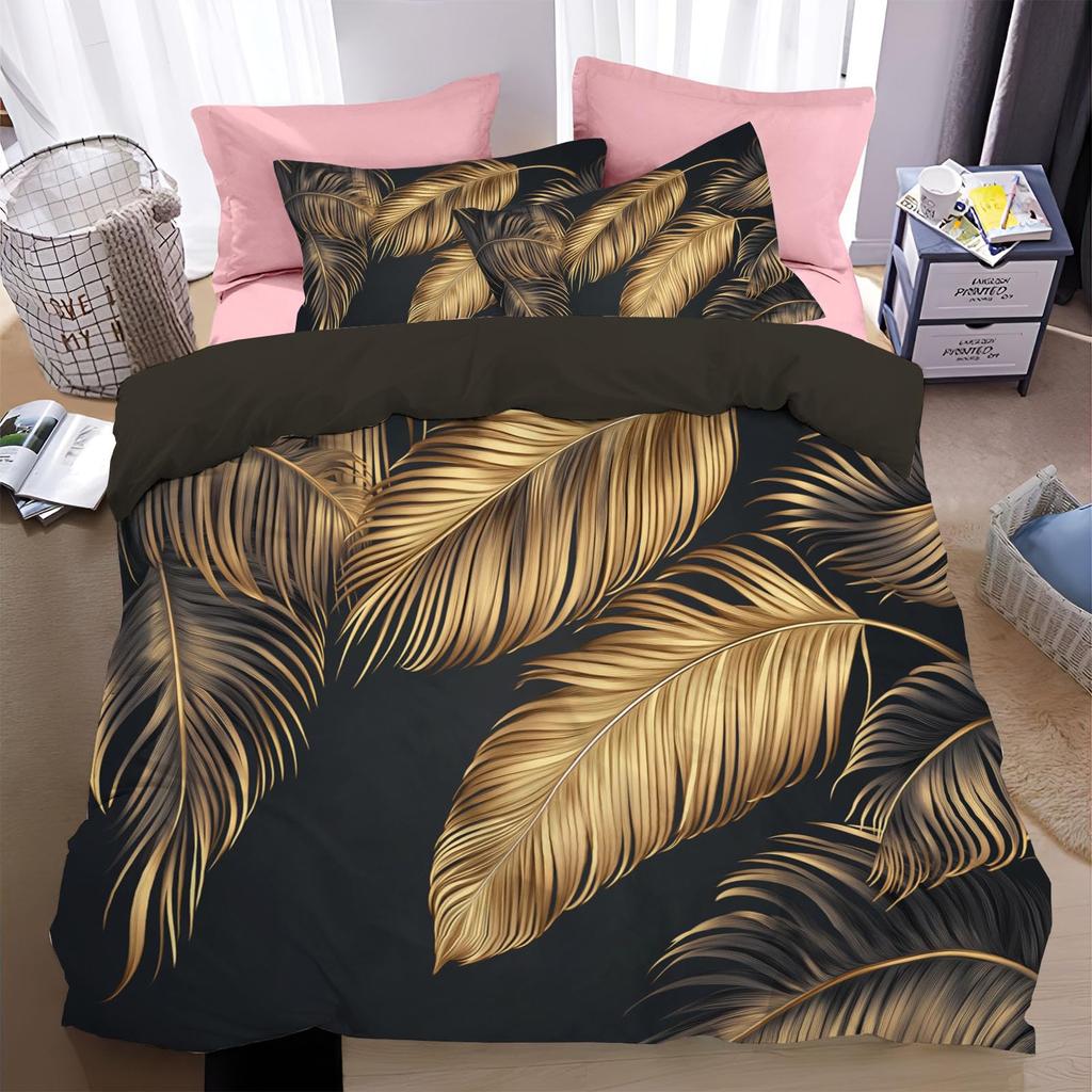 Luxury Golden Floral Duvet Cover Set Black Golden Plant Leave Decor Comforter Cover Fashion Plant Print Bedding Set With Zipper