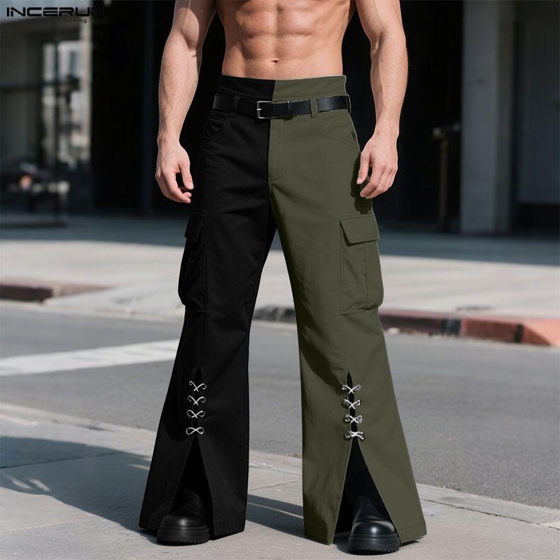 INCERUN Men Zip-up High Waist Stitching Bandage Casual Long Flare Trousers Pants