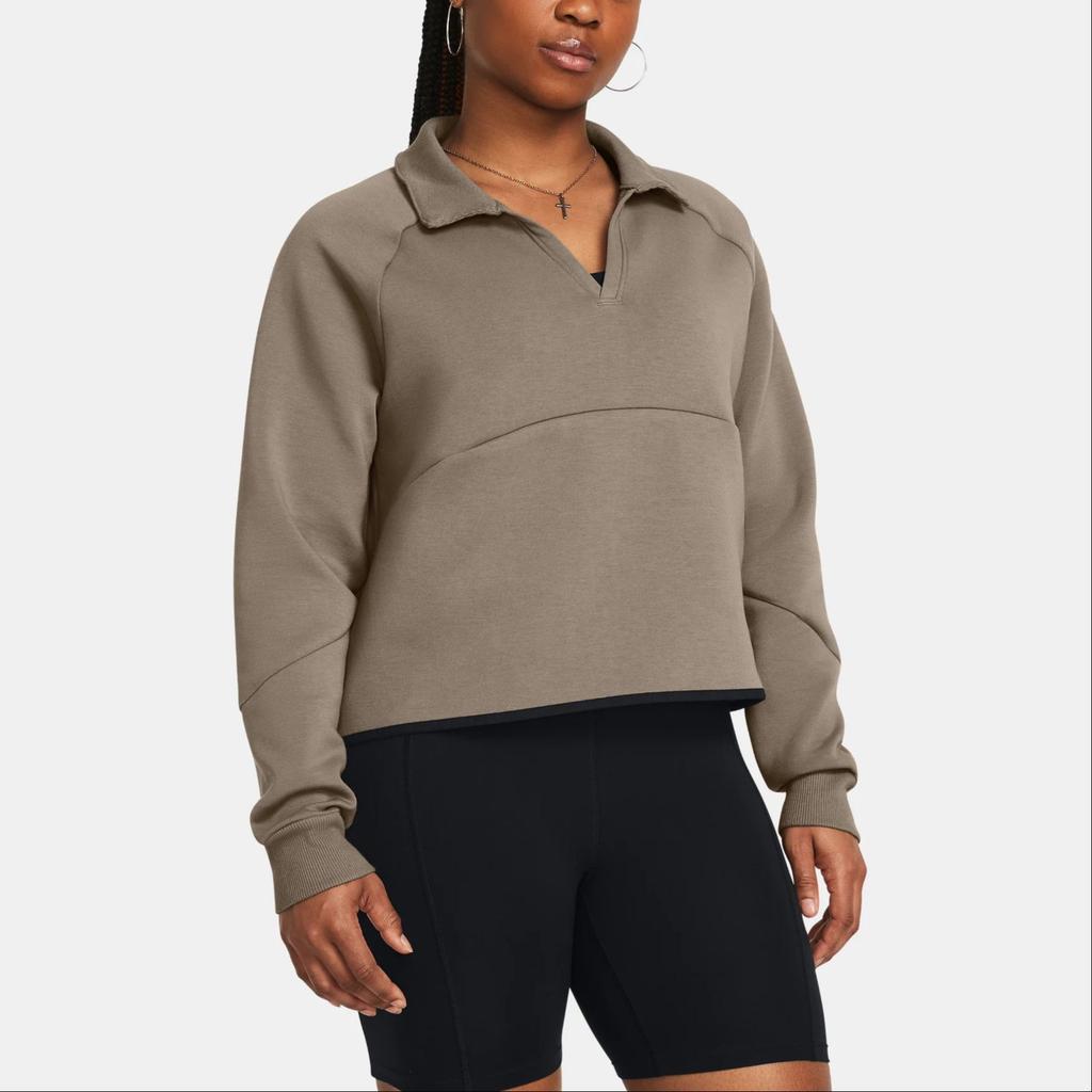 Under Armour UA Unstoppable Solid Color Short Pullover Long Sleeve Sweatshirt Women Sweatshirt Khaki 1382746-200
