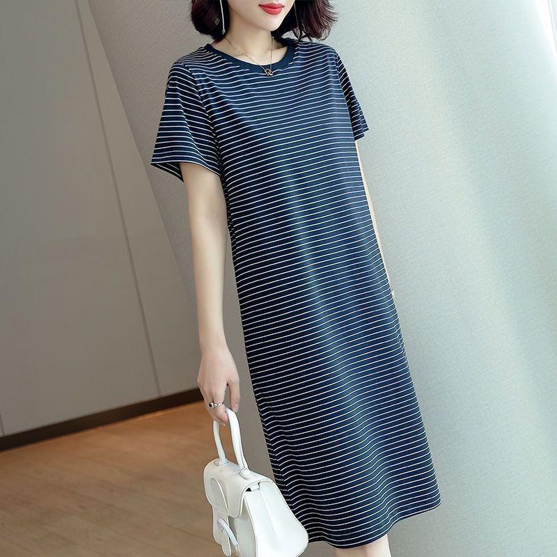 Women's Round Neck Short Sleeve Striped Midi T Shirt Dress Loose Casual Plus Size Summer Straight Tank Dress Soft Milk Silk Daily Basic Dress