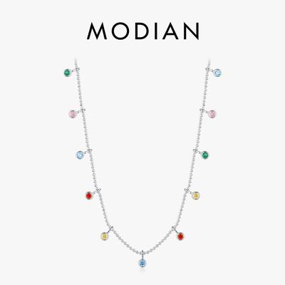 Modian Srebrny naszyjnik z wisiorkiem z tęczową cyrkonią 925 Sterling Silver Modny łańcuszek typu choker na imprezę Dla kobiet Biżuteria