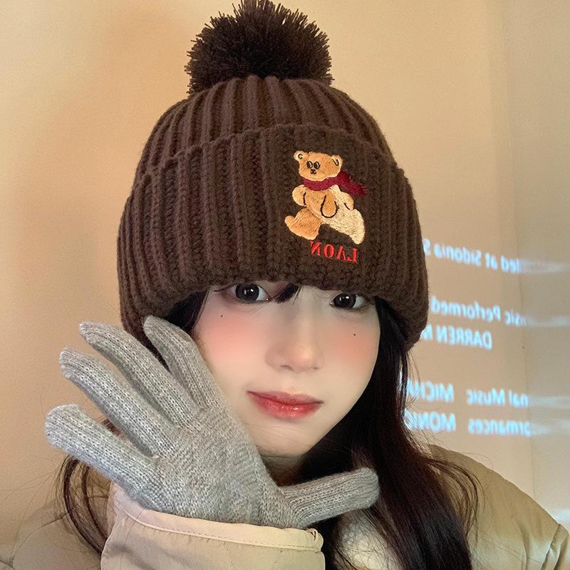 Cute Bear Coffee-colored Knitted Wool Hat for Women's New Winter Warm and Thickened Face Small Ear Protection Hat Tide