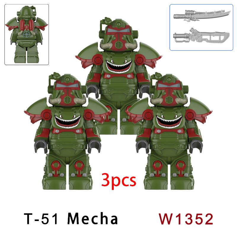 3pcs Military T51 Armor BOS Soldiers Mini Anime Action fallouts Figures Weapons Robot Kinghts Building Blocks Bricks Toys gifts