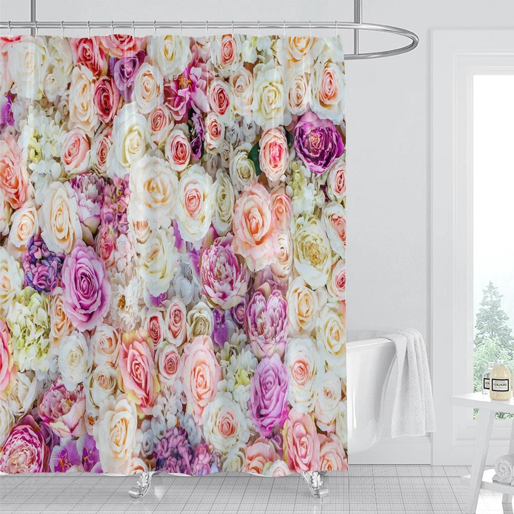 1Pcs Pink flower printing waterproof shower curtain,  Rose flowers wall bathroom decorative curtain with plastic hooks