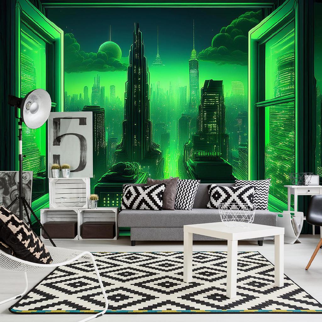 Hintergrundbild Fensterblick Futuristische Stadt