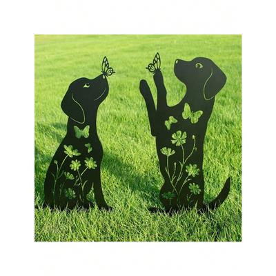 Metal Garden Dog Sculpture 2PC Set - Iron Outdoor Art Stakes for Lawn Patio or Indoor Wall Hanging Decor