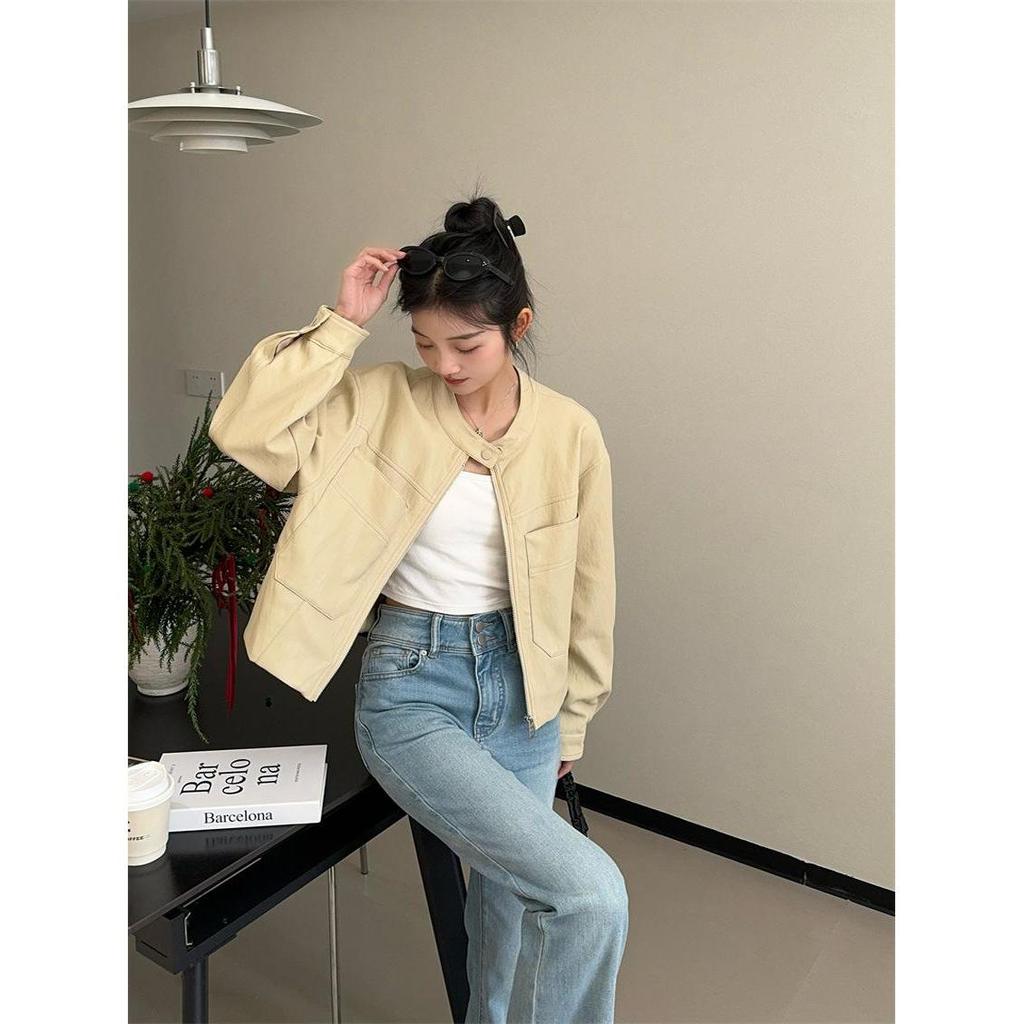 2025 European Style PU Leather Jacket - Women's Spring/Autumn Short, Loose Fit, Fashionable Zipper Round Neck, Stand-up Collar Coat.