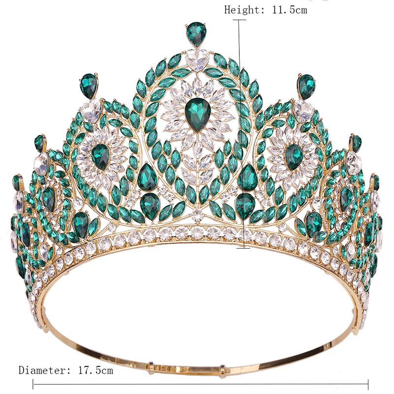 Luxury Royal Queen Green Wedding Crown Rhinestone Big Tiara Party Show Hair Jewelry for Pageant High Diadem Bridal Gifts