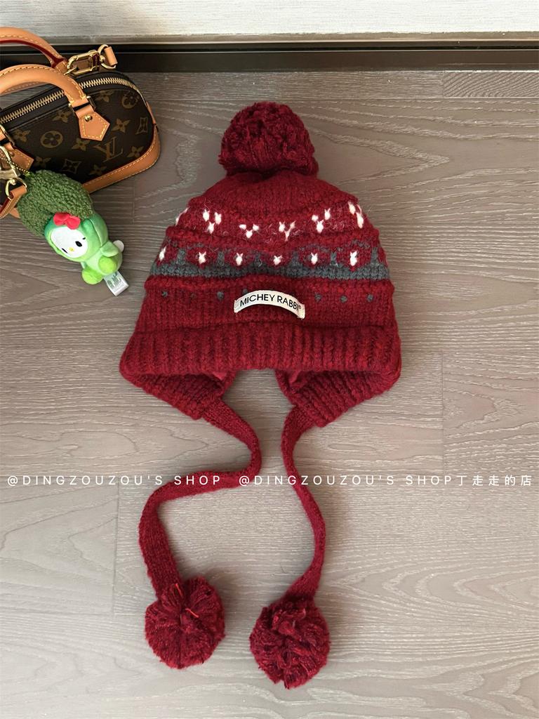 Vintage Hat Fair Island Hairball Knitted Hat Women's Winter Warm Ear Protection Lei Feng Hat Thickened Red Wool Hat